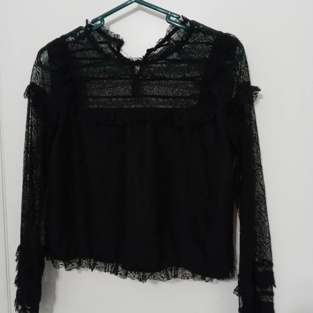 Zara Trafaluc Sheer Lace Long Sleeve Blouse Buttons in Back Of Neck